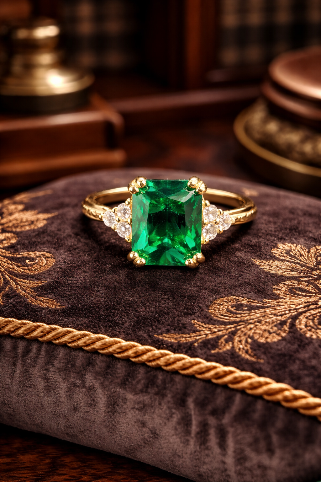 Gold Tone Green Crystal Ring Trillion Accent