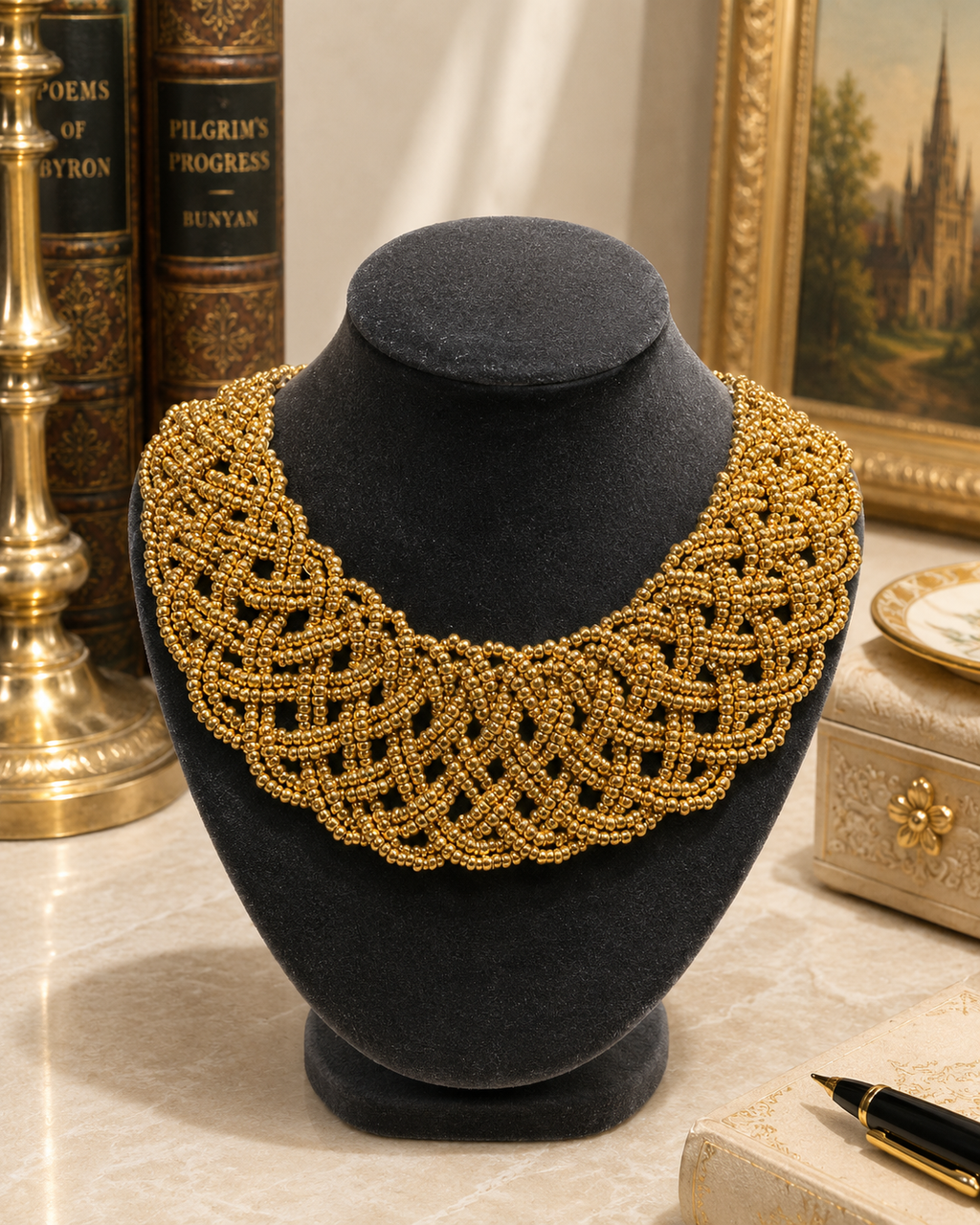 Gold Tone Beaded Bib Collar Necklace with Woven Design