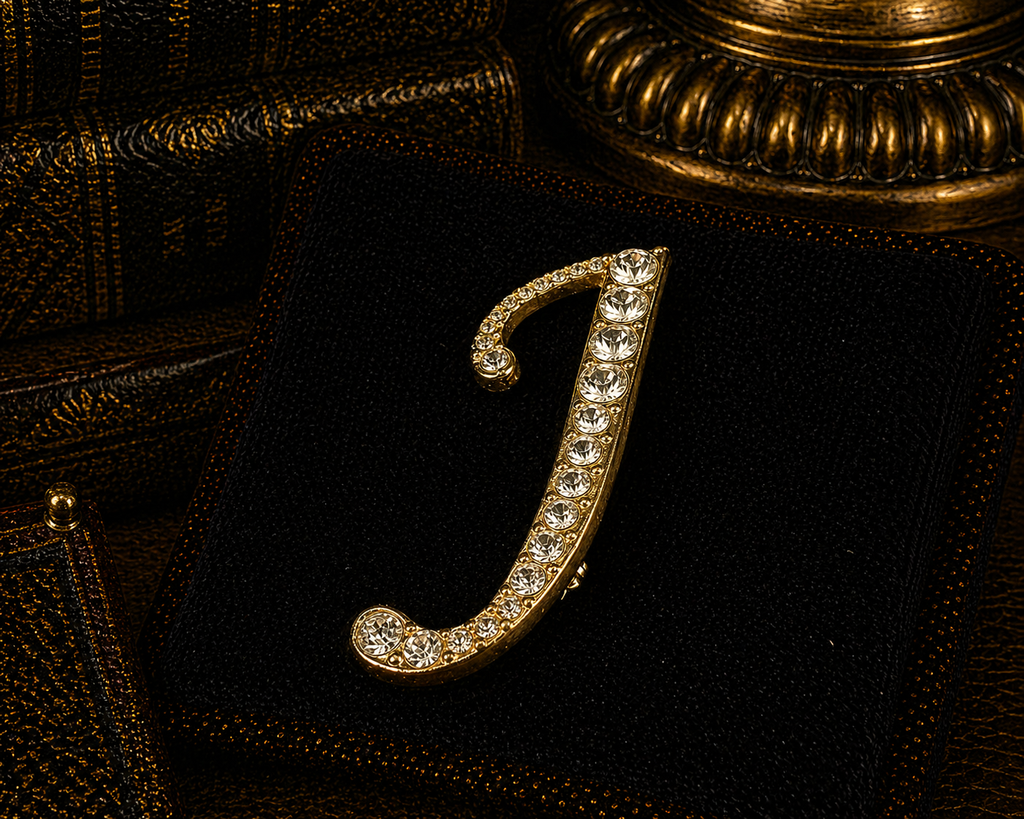 (SOLD) Gold Tone Clear Crystal Initial J Brooch