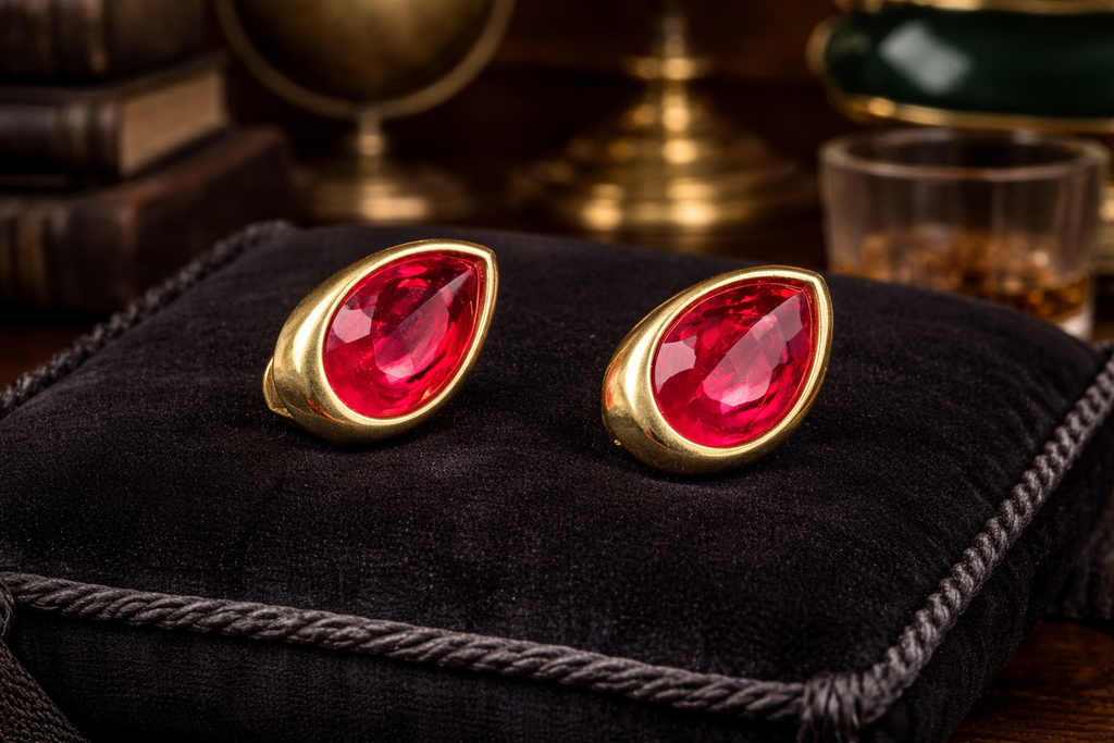 Swarovski Gold Tone Magenta Crystal Teardrop Clip Earrings Pink Rhinestone Statement Designer Jewelry