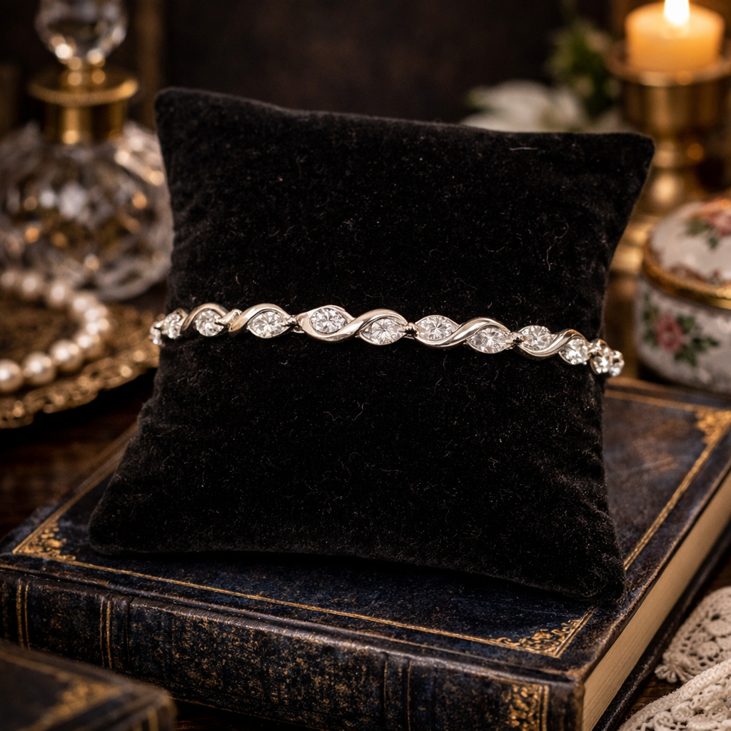 Sterling Silver Cubic Zirconia Tennis Bracelet 925 Twisted Ribbon Link Design | Classic CZ Sparkle Bracelet 10.2g