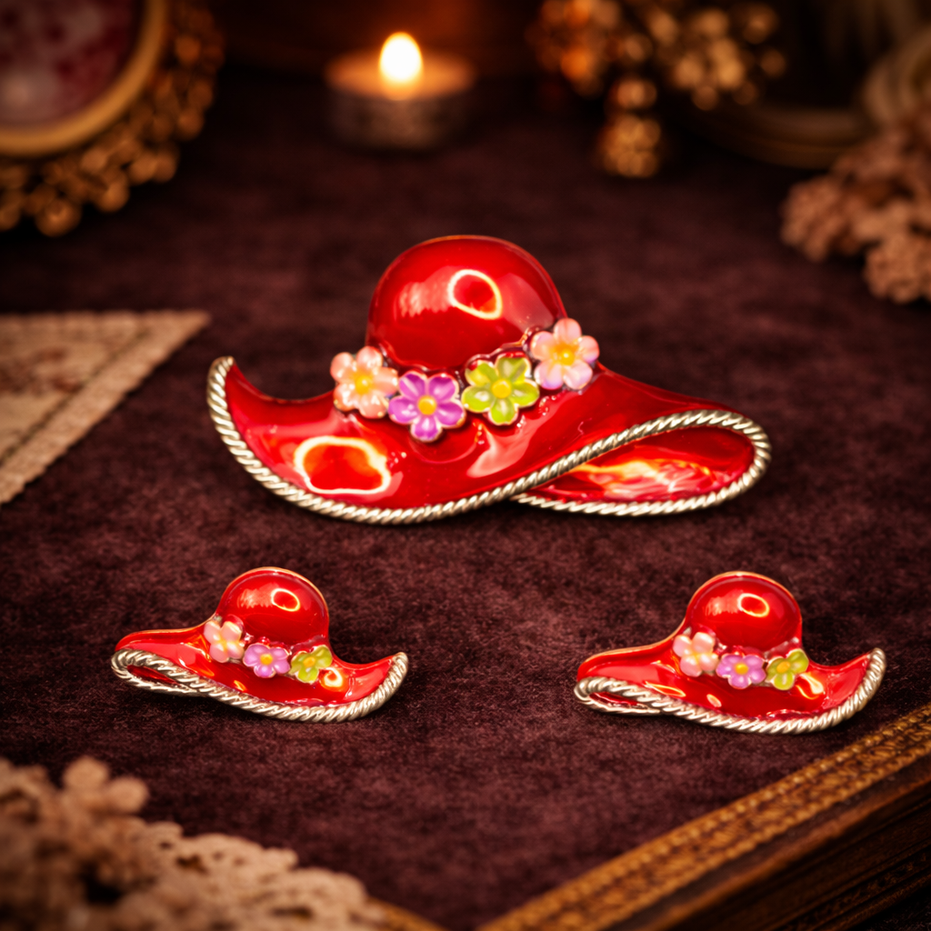 Mj Red Enamel Hat Brooch And Earrings Set Gold Tone Flower Accent Ladies Hat Pin Signed