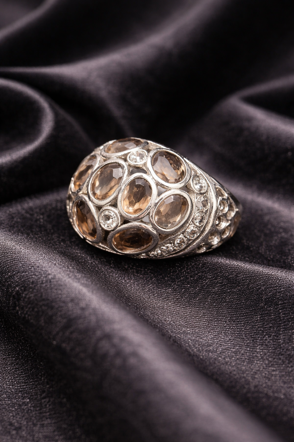 925 Sterling Silver Smoky Quartz Ring Multi Stone Cluster Statement Ring Size 6 Bold Gemstone