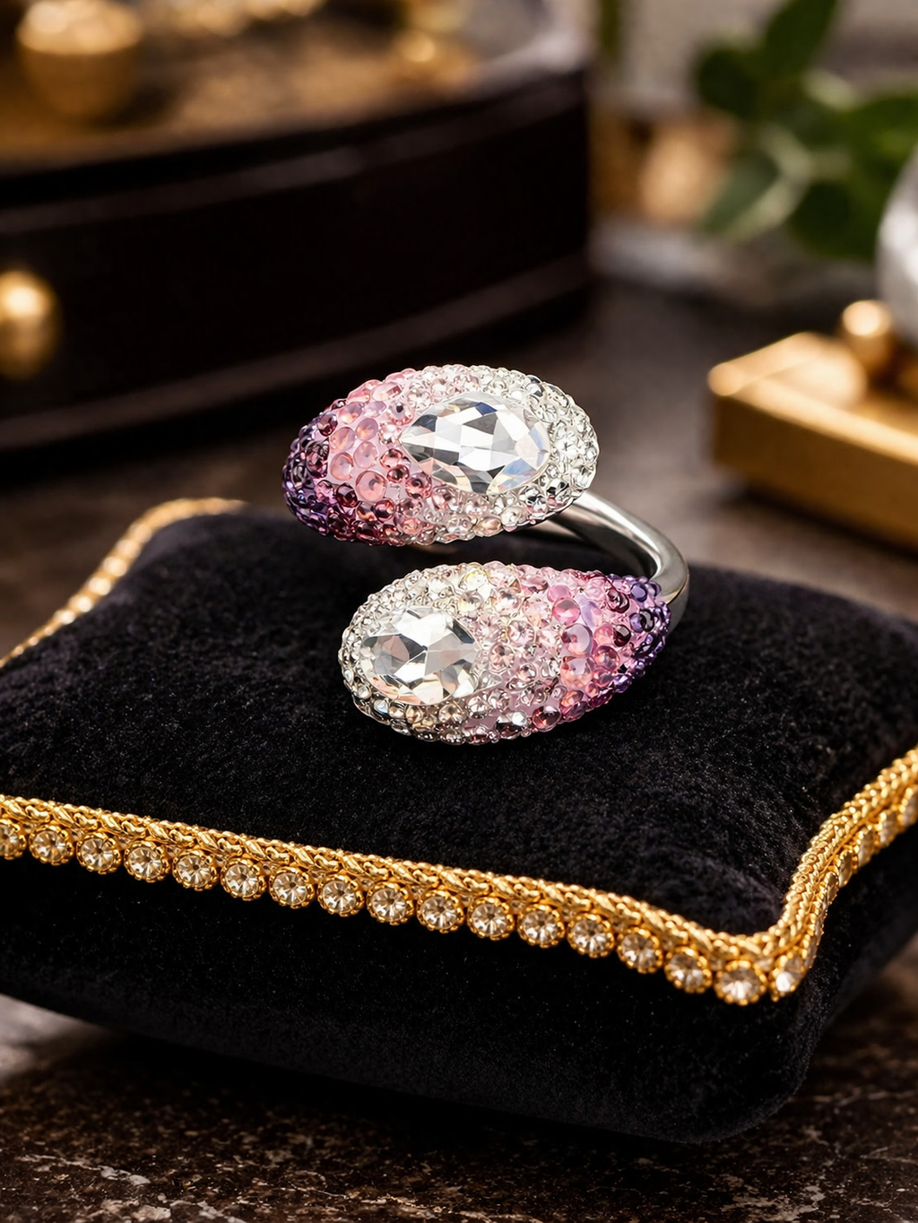 Swarovski Swan Signed Pink Crystal Wrap Ring Pavé Gradient Statement Ring Size 8