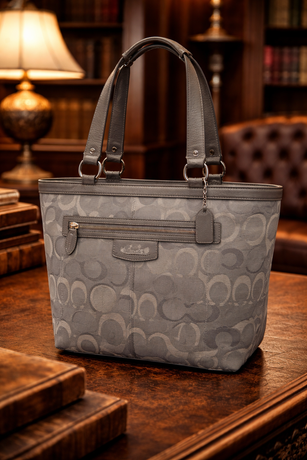 Coach Silver Signature Tote Shoulder Bag Gray Jacquard Leather Trim COA Included