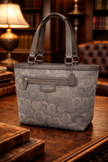 Coach Silver Signature Tote Shoulder Bag Gray Jacquard Leather Trim COA Included