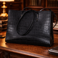 Wilsons Leather Black Croc Embossed Messenger Bag Push Lock Briefcase Crossbody