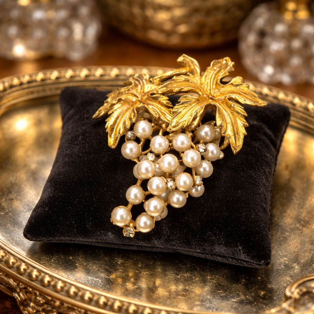 Gold Tone Grape Brooch UV Reactive Cluster Pin Faux Pearl Grapes Leaf Vine Design Vintage Style Jewelry Safety Clasp