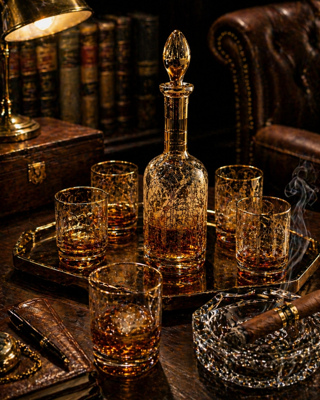 Amber Glass Decanter Set with Gold Trim and Etched Design, 6-Piece Vintage Whiskey Set with Glasses