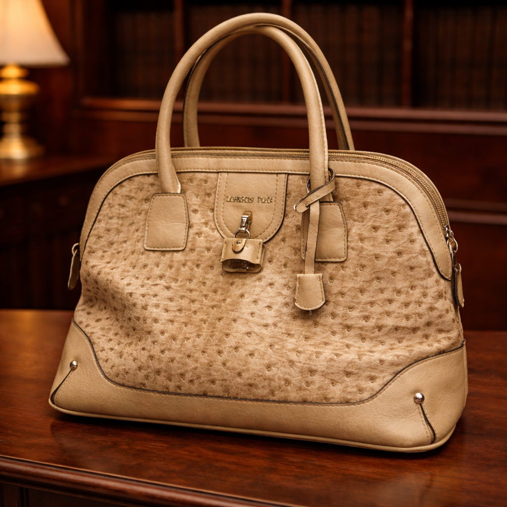 London Fog Taupe Ostrich Embossed Dome Satchel Top Handle Bag Zip Closure Neutral Purse