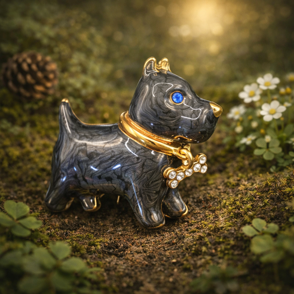 Signed AJC Black Enamel Scottie Dog Brooch with Blue Crystal Eye and Rhinestone Bone Collar, Gold Tone Vintage {Pin