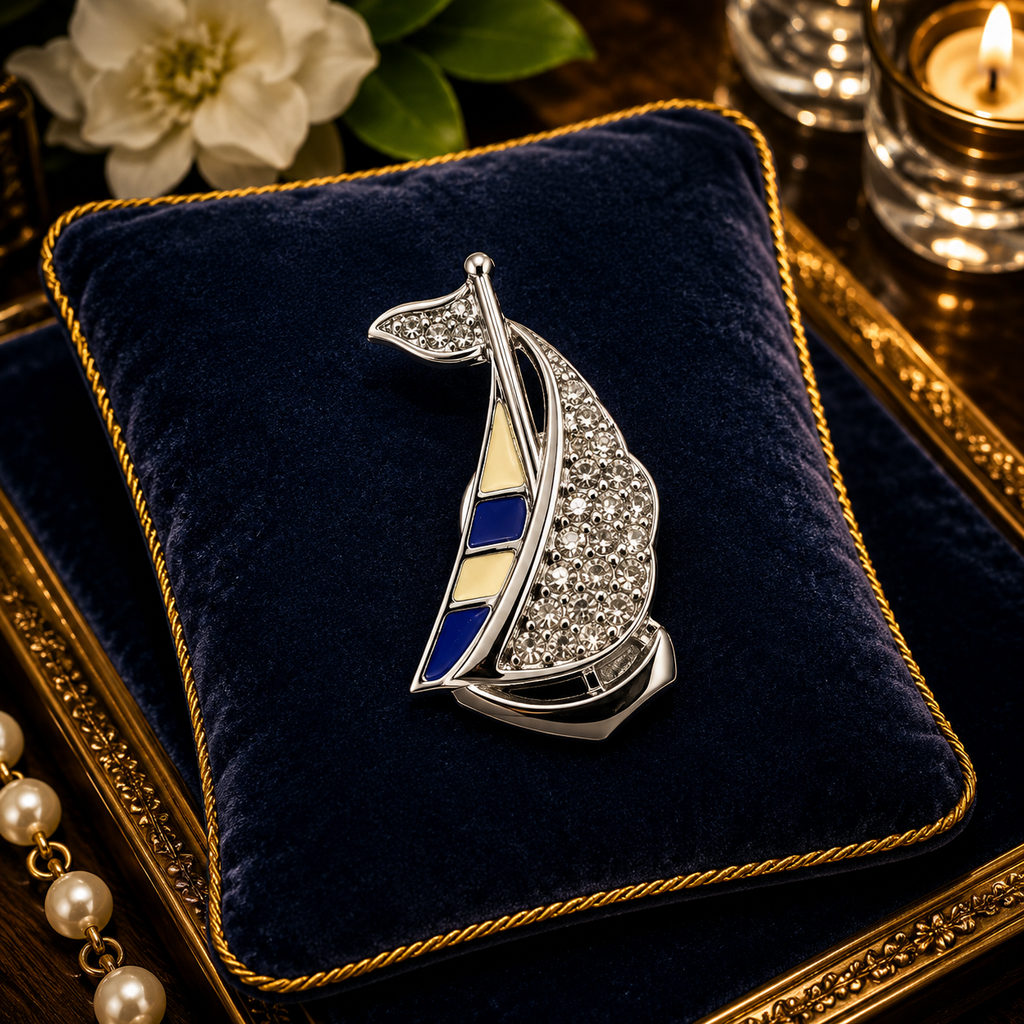Swarovski Silver Tone Crystal Sailboat Brooch | Nautical Designer Pin