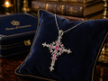 JBK Red Crystal Cross Necklace Silver Tone Ornate Pendant Gothic Style With Box
