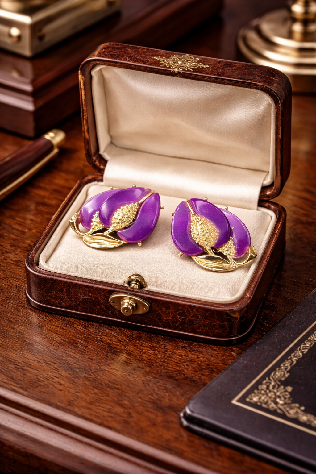Vintage Lisner Purple Enamel Floral Clip Earrings Gold Tone Retro Mid Century