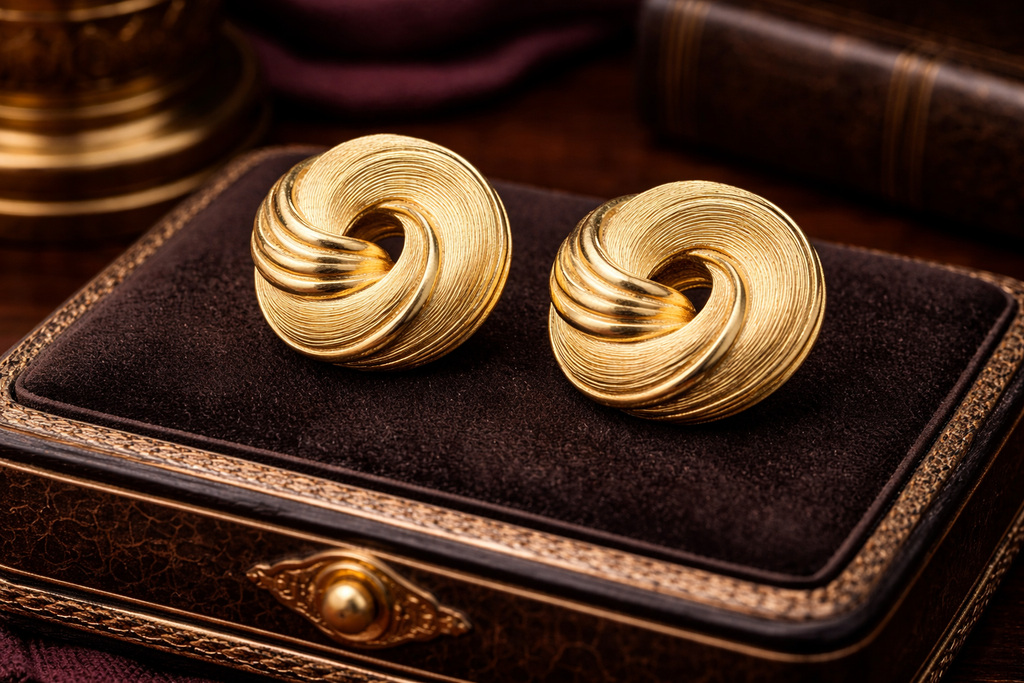 Crown Trifari Gold Tone Clip Earrings Swirl Knot Round Textured Vintage Signed Classic