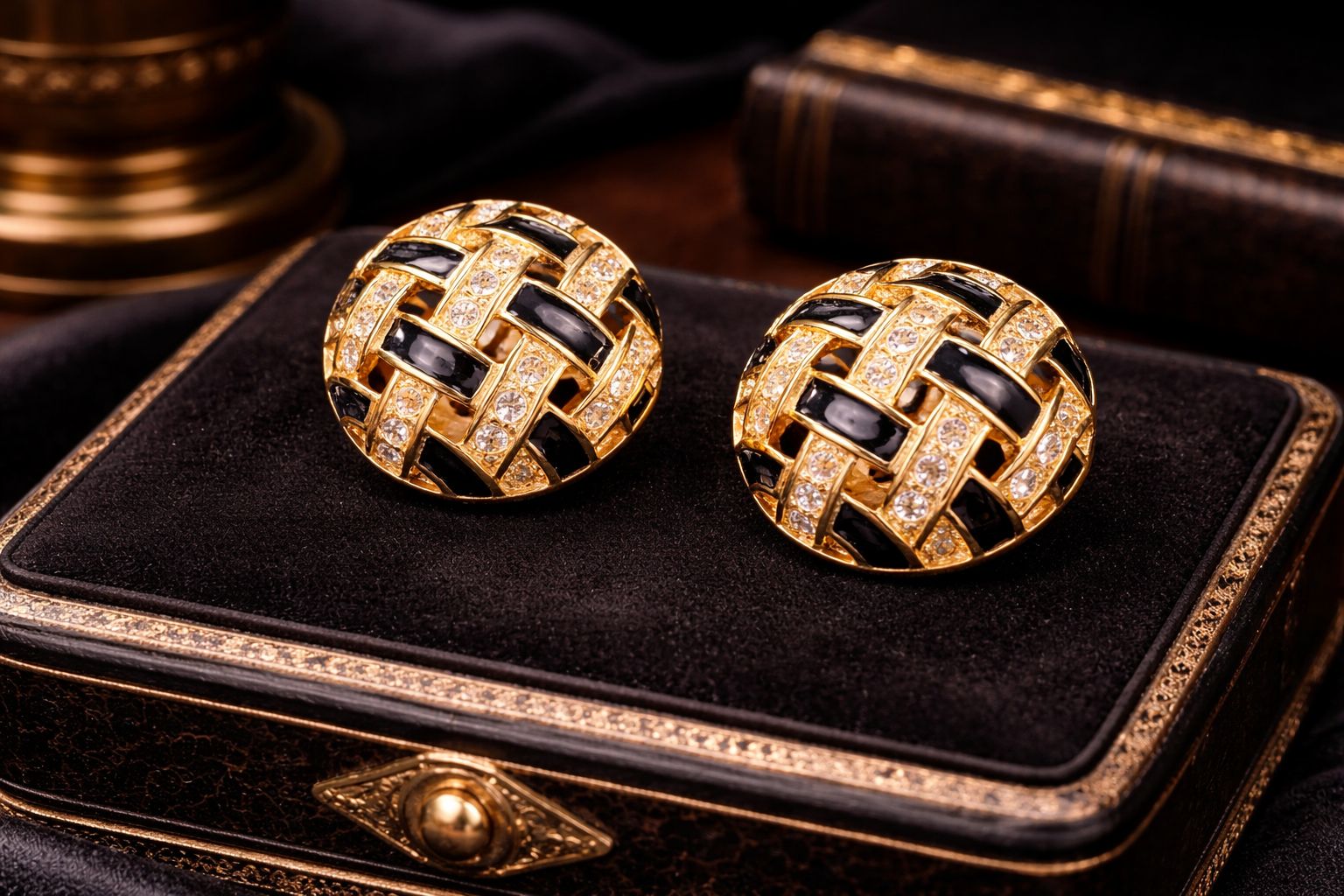 Swarovski Crystal Clip Earrings Gold Tone Black Enamel Woven Dome Rhinestone Vintage Signed