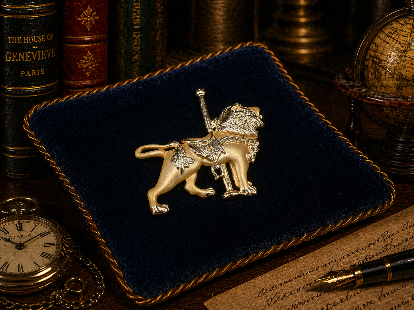 Vintage Enamel Gold tone carousel lion brooch with textured mane and saddle detail