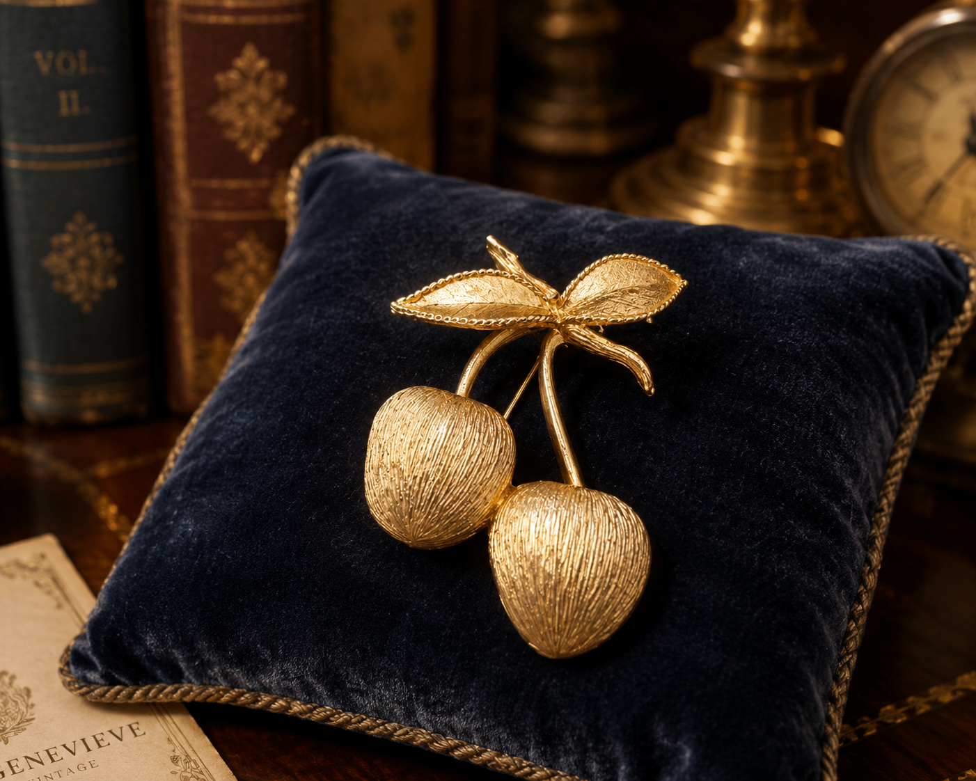 SARAH COVENTRY Gold Tone Cherry Brooch with Textured Fruit and Leaf Detail