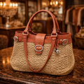 Brighton Straw and Coral Leather Satchel Bag Woven Raffia Shoulder Handbag Resort Purse