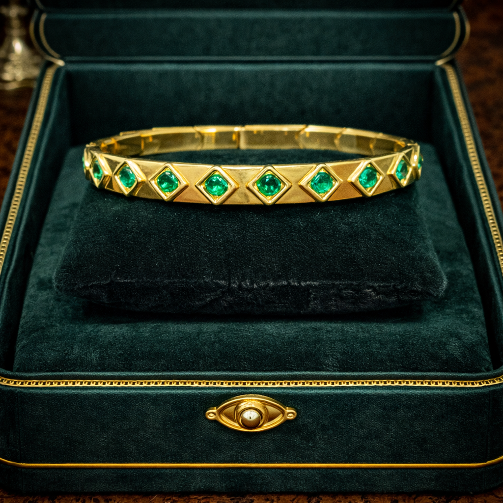 Vintage Nolan Miller Gold Tone Green Glass Accent Stretch Bracelet | Estate Designer Jewelry