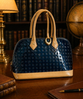 (SOLD) Arcadia Italian Patent Leather Satchel, Blue Embossed Dome Bag with Tan Trim