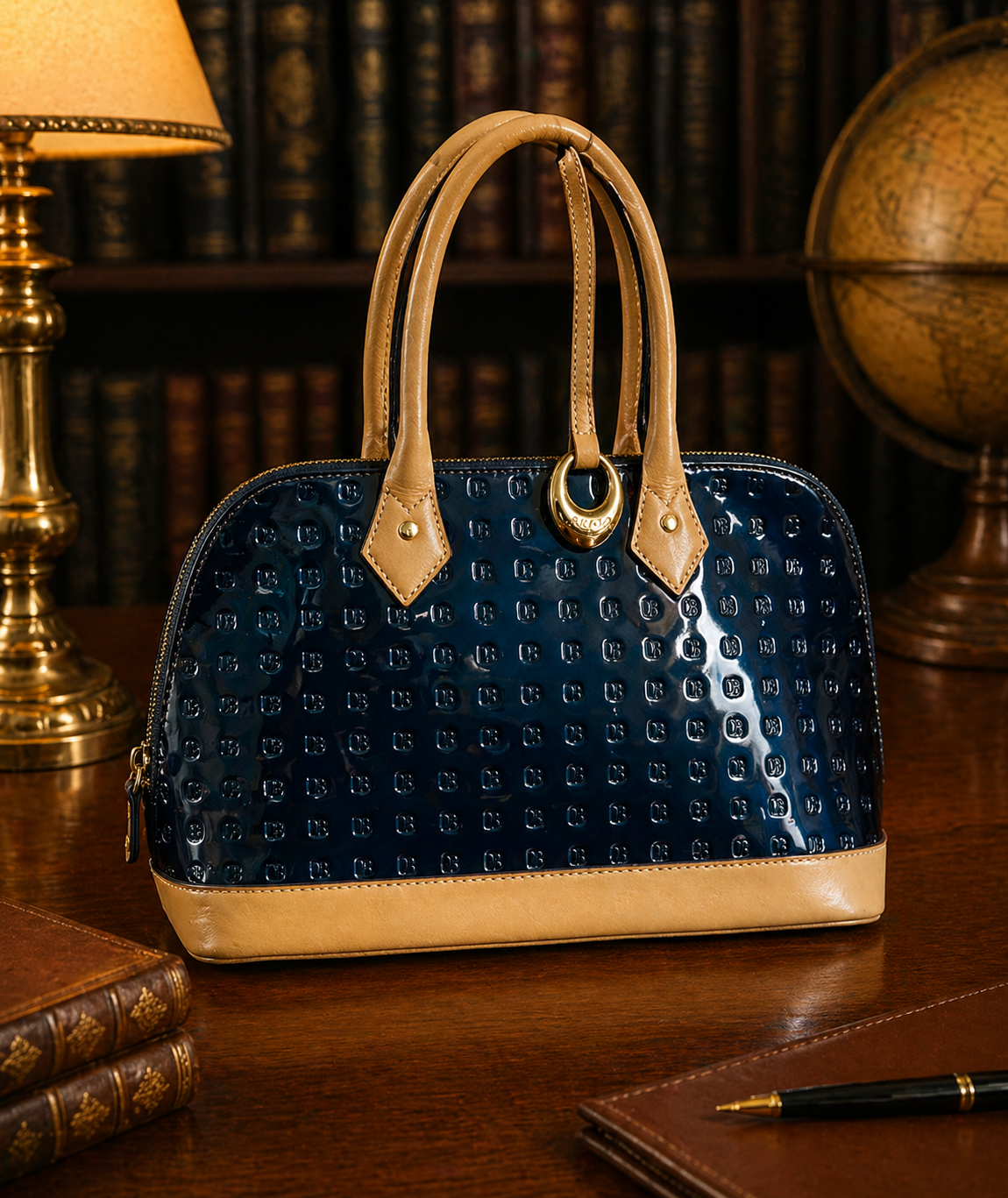 (SOLD) Arcadia Italian Patent Leather Satchel, Blue Embossed Dome Bag with Tan Trim