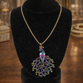 Betsey Johnson Crystal Peacock Pendant Necklace Gold Tone Blue Purple Pave Rhinestone Statement