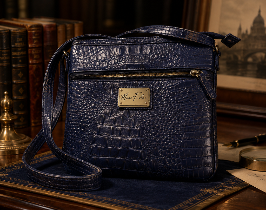 Marc Fisher Blue Croc Embossed Crossbody Bag with Gold Tone Hardware