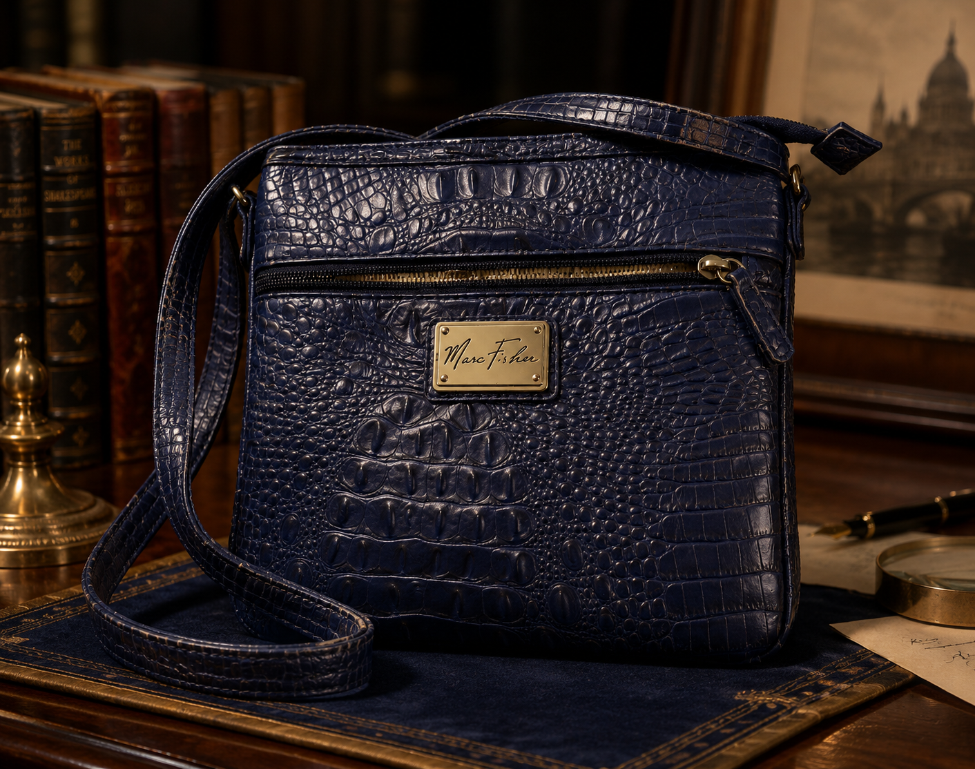 Marc Fisher Blue Croc Embossed Crossbody Bag with Gold Tone Hardware