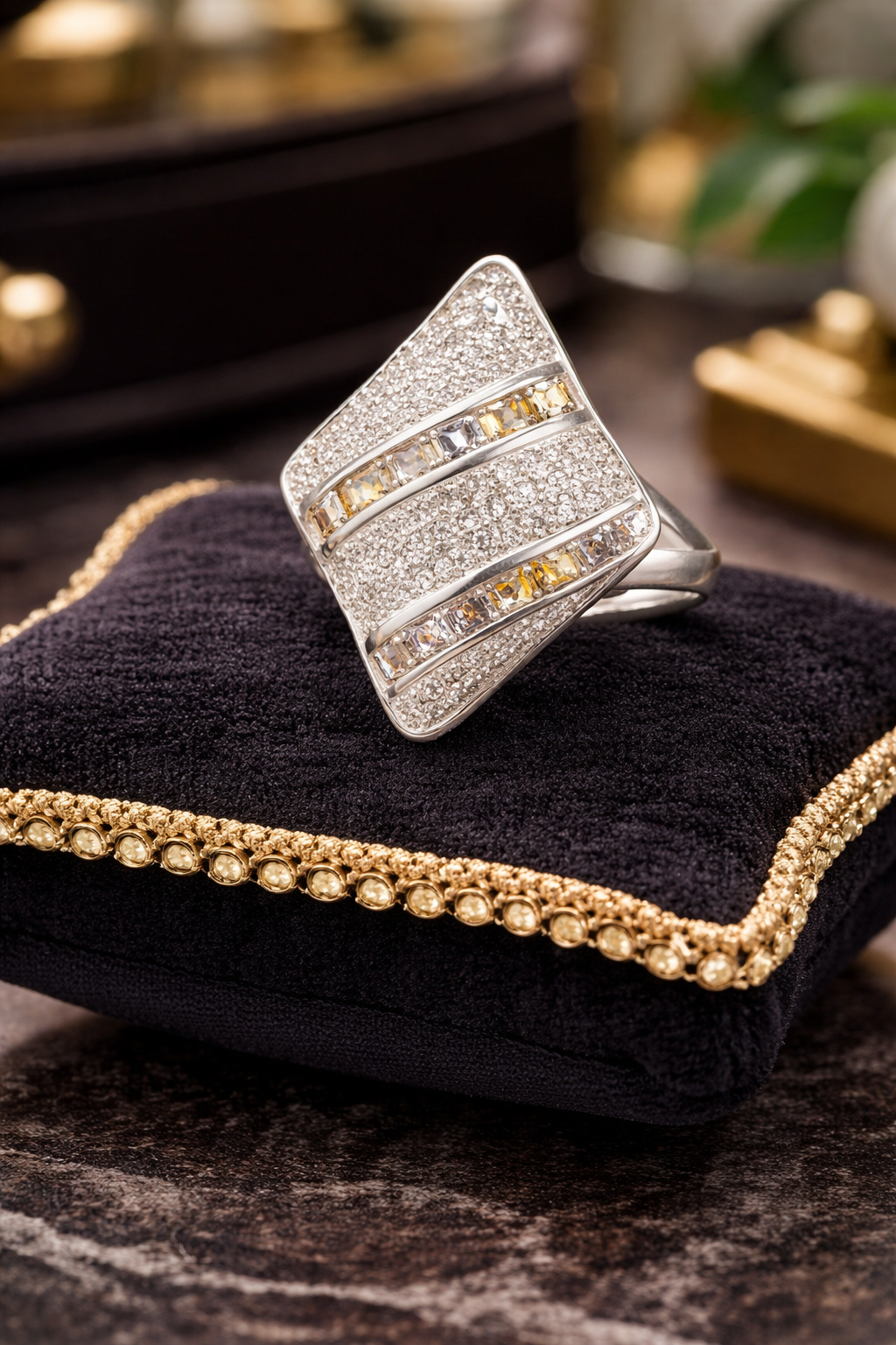 925 Sterling Silver Baguette & Pavé Crystal Ring Geometric Statement Ring Size 6 Cocktail Style