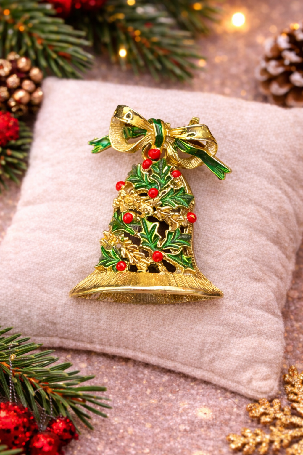 Vintage Gerry’s Christmas Bell Brooch Gold Tone Holly Holiday Pin