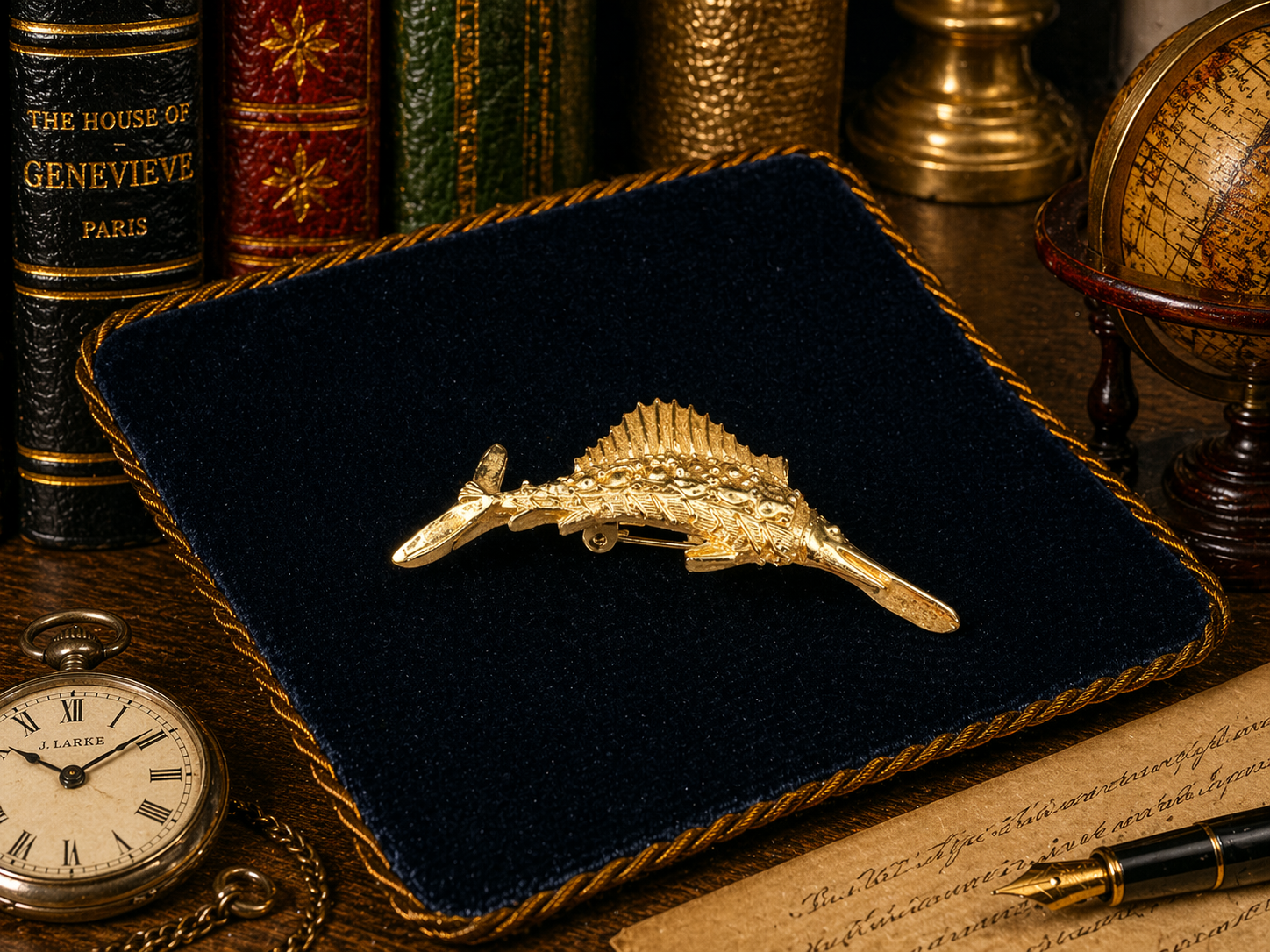 Gold tone marlin brooch with textured fin detail