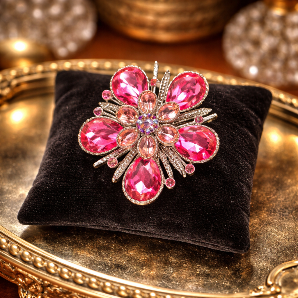 Silver Tone Pink Crystal Flower Brooch Teardrop Petal Cluster Design