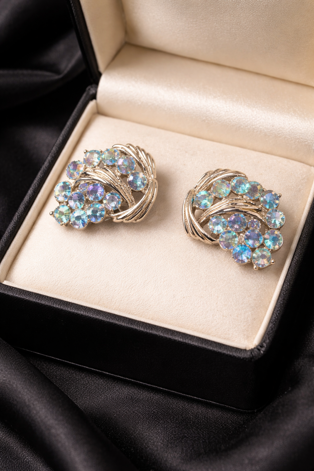 Vintage Silver Tone Aurora Borealis Rhinestone Clip Earrings AB Crystal Cluster Curved Ribbon Design Statement