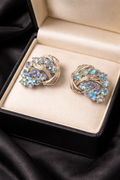 Vintage Silver Tone Aurora Borealis Rhinestone Clip Earrings AB Crystal Cluster Curved Ribbon Design Statement