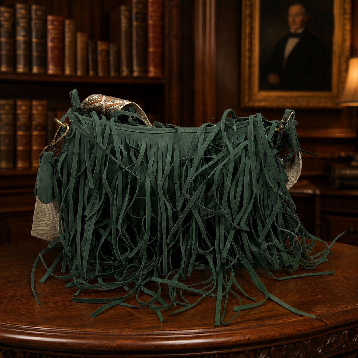 Jen & Co. Green Suede Fringe Shoulder Bag with Woven Strap