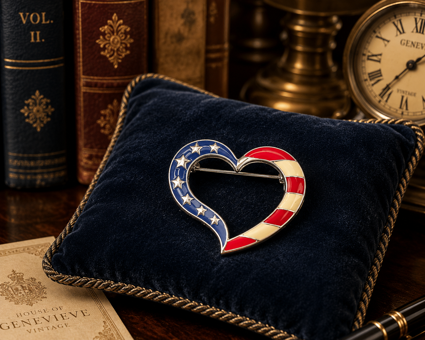 NOAV Silver Tone Patriotic Heart Brooch with Red White and Blue Enamel
