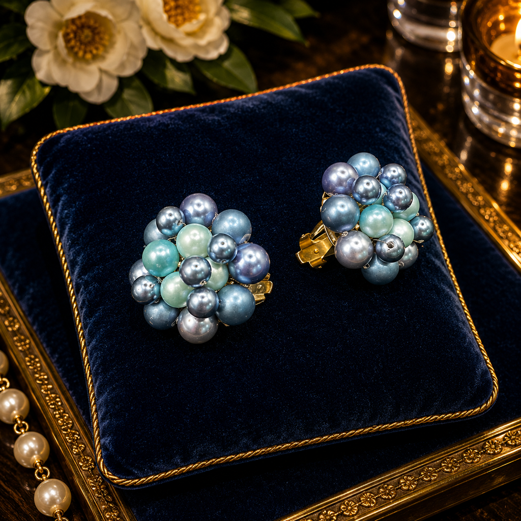 Vintage Blue Faux Pearl Beaded Cluster Clip Earrings | Dimensional Button Earrings
