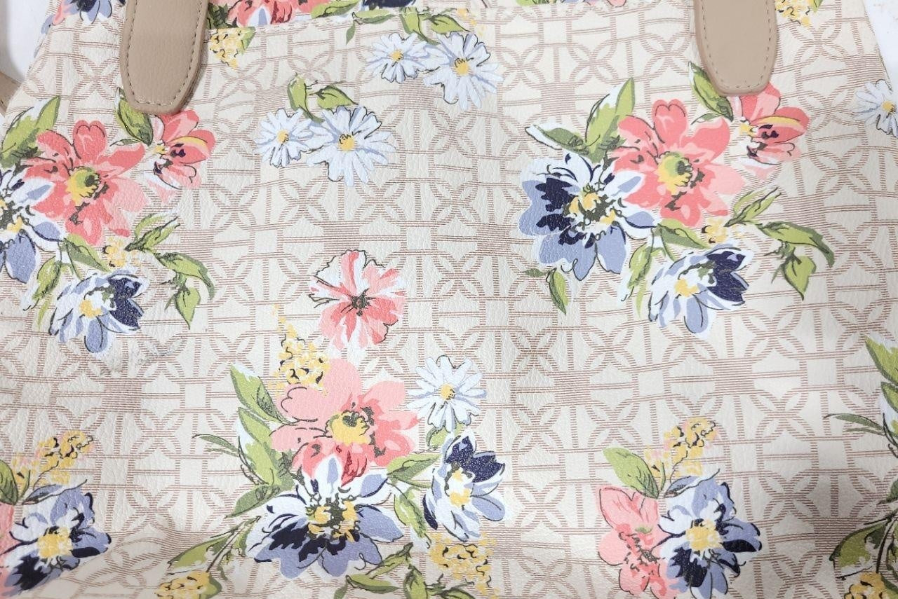 Floral Print Tote Bag with Beige Straps | Unbranded Polyester Shoulder Bag