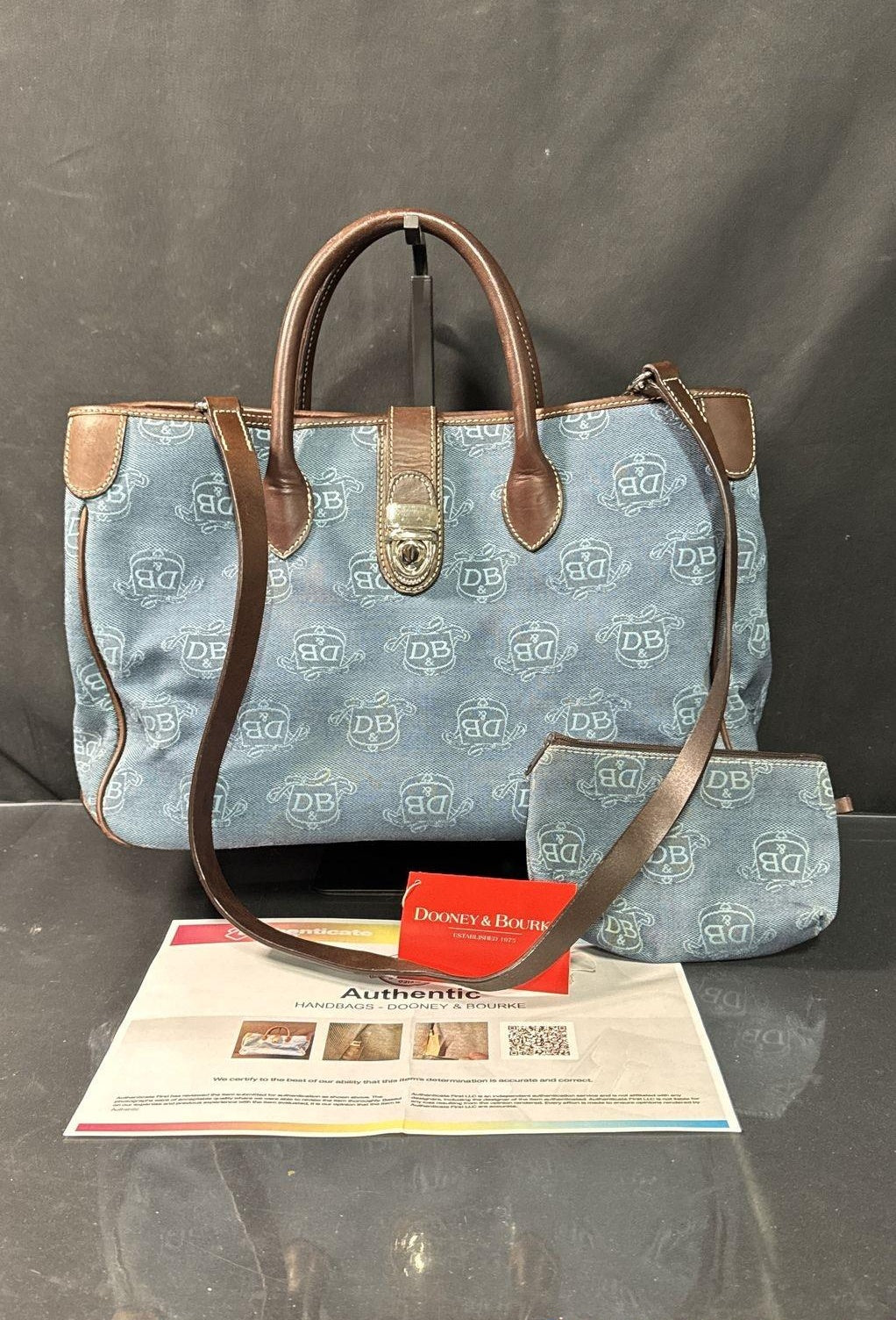 Dooney & Bourke Blue Monogram Canvas Satchel Tote Bag Leather Trim Pouch