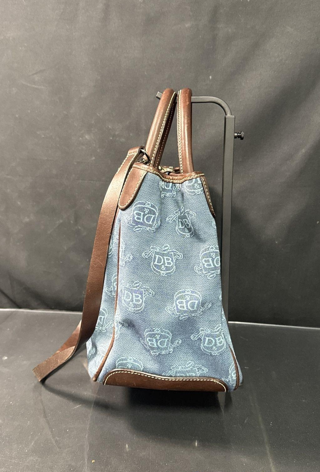 Dooney & Bourke Blue Monogram Canvas Satchel Tote Bag Leather Trim Pouch