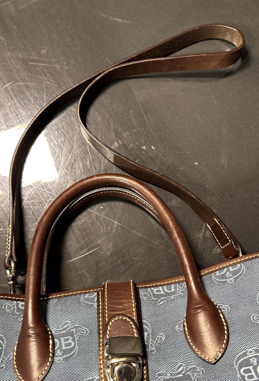 Dooney & Bourke Blue Monogram Canvas Satchel Tote Bag Leather Trim Pouch w/ Coin Purse