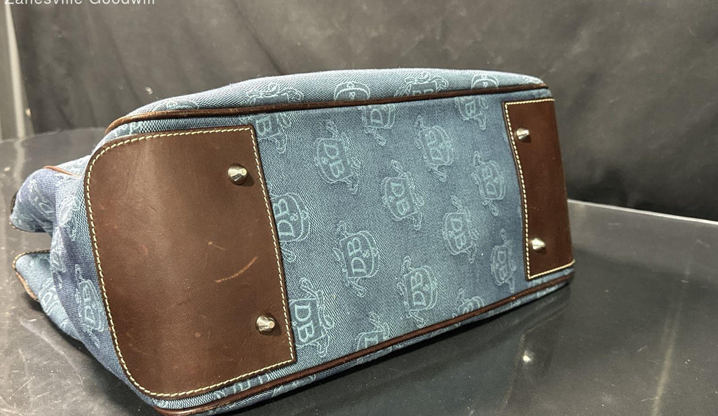 Dooney & Bourke Blue Monogram Canvas Satchel Tote Bag Leather Trim Pouch w/ Coin Purse