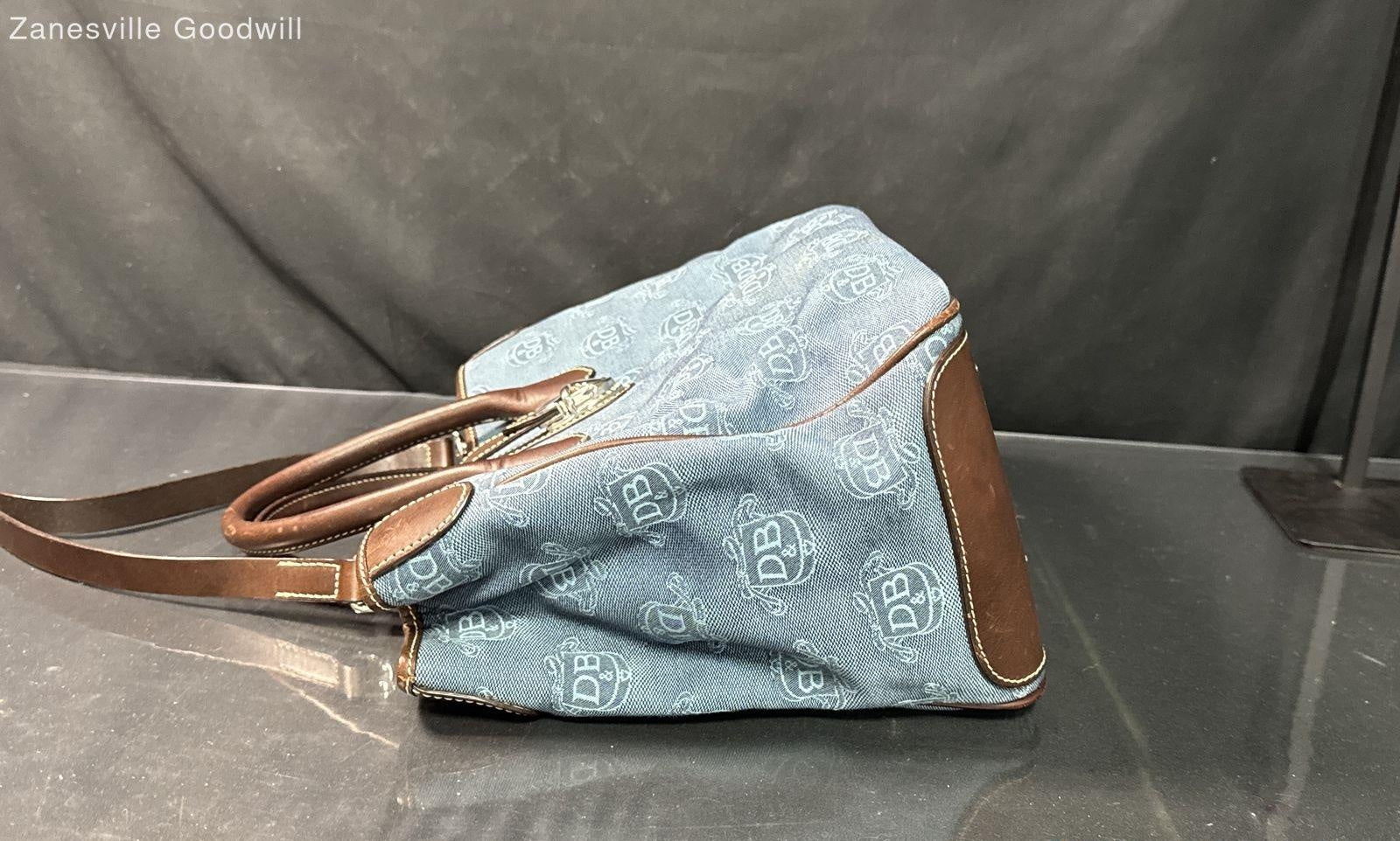 Dooney & Bourke Blue Monogram Canvas Satchel Tote Bag Leather Trim Pouch w/ Coin Purse