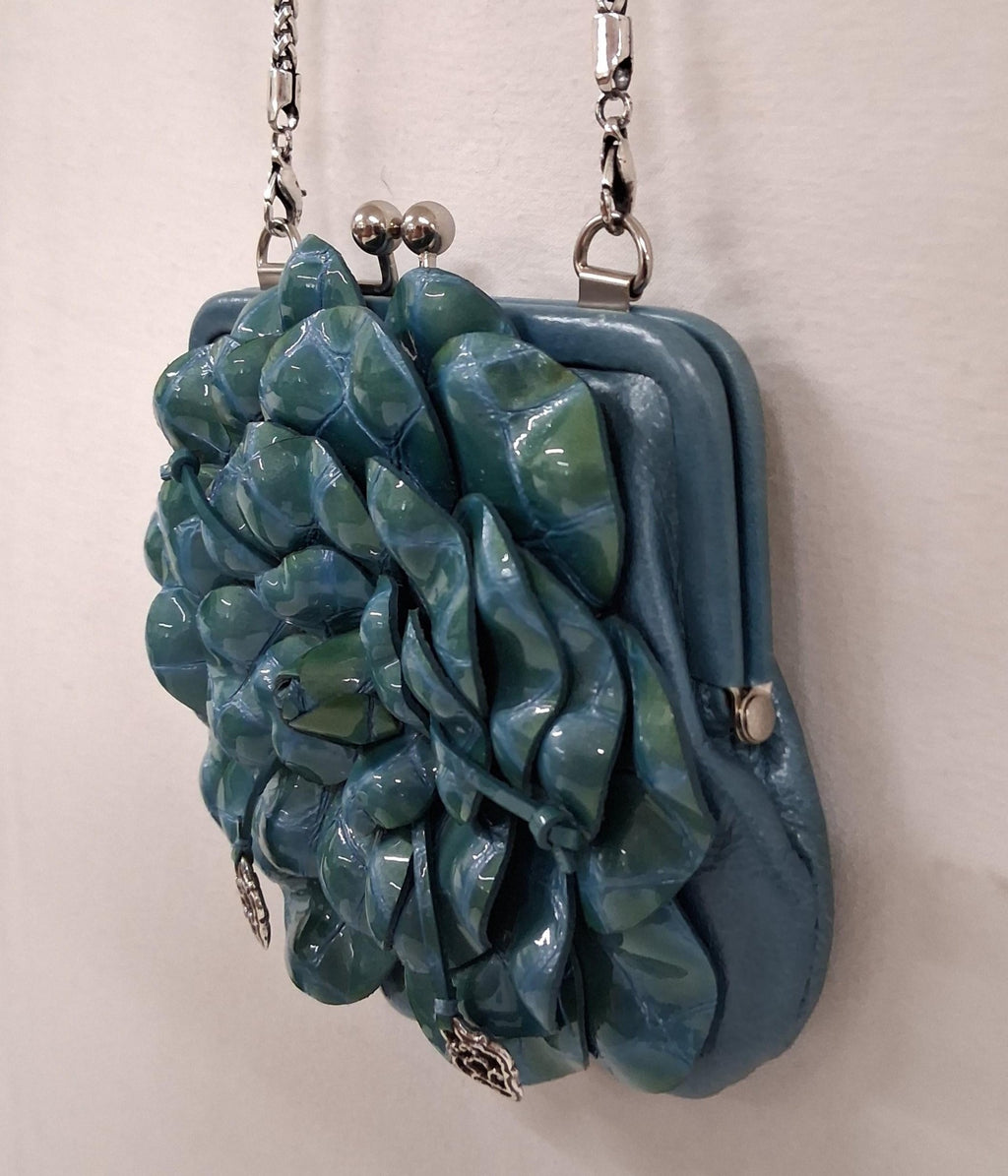Blue Roselie Floral Coin Purse with Chain Strap | Compact Statement Crossbody Bag