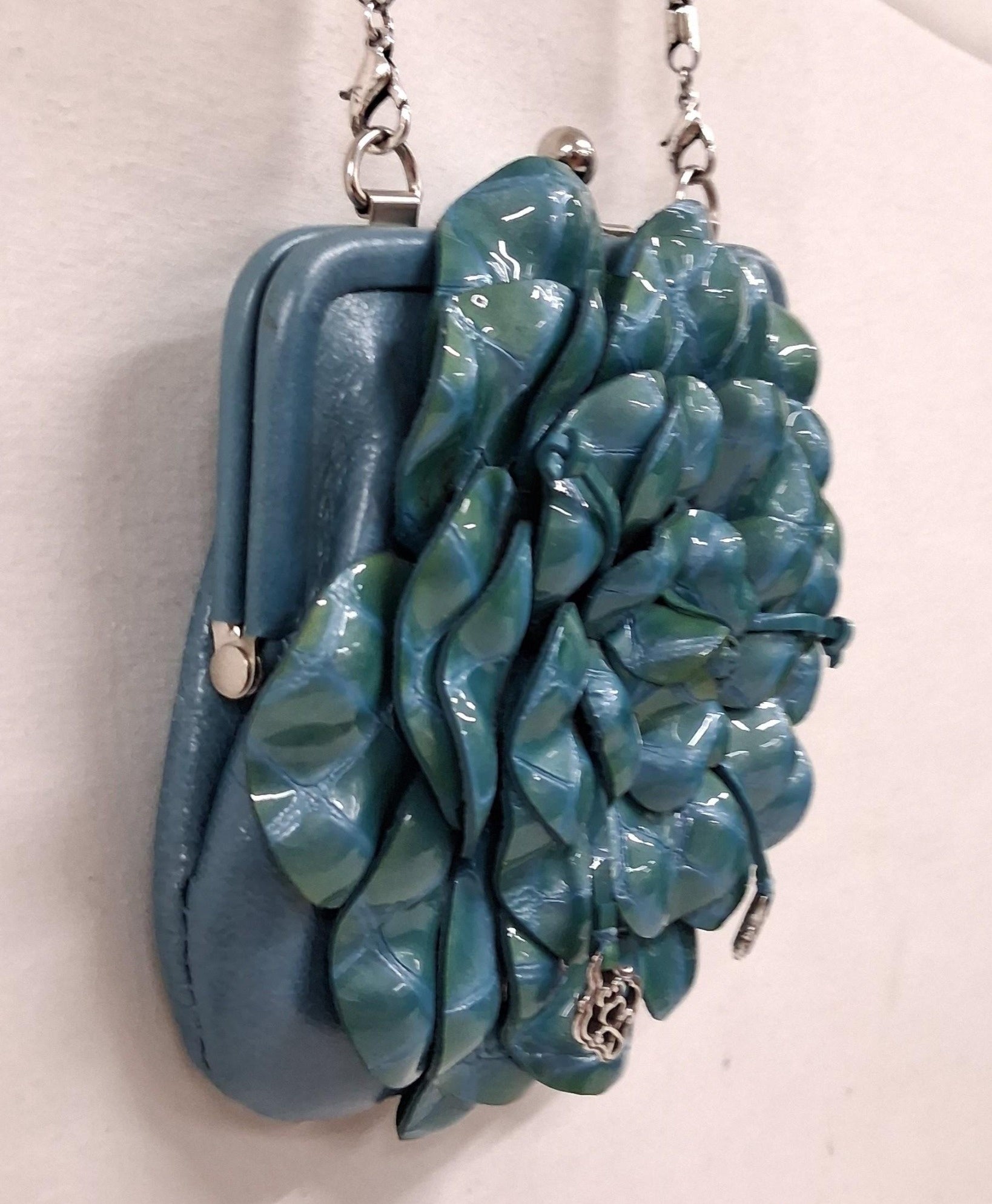 Blue Roselie Floral Coin Purse with Chain Strap | Compact Statement Crossbody Bag