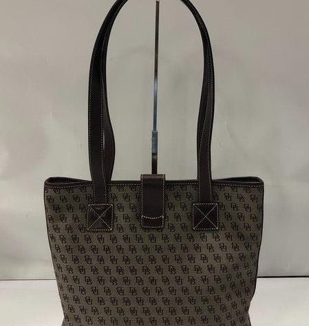 Dooney and Bourke Grey Brown Monogram Jacquard and Leather North South Tote