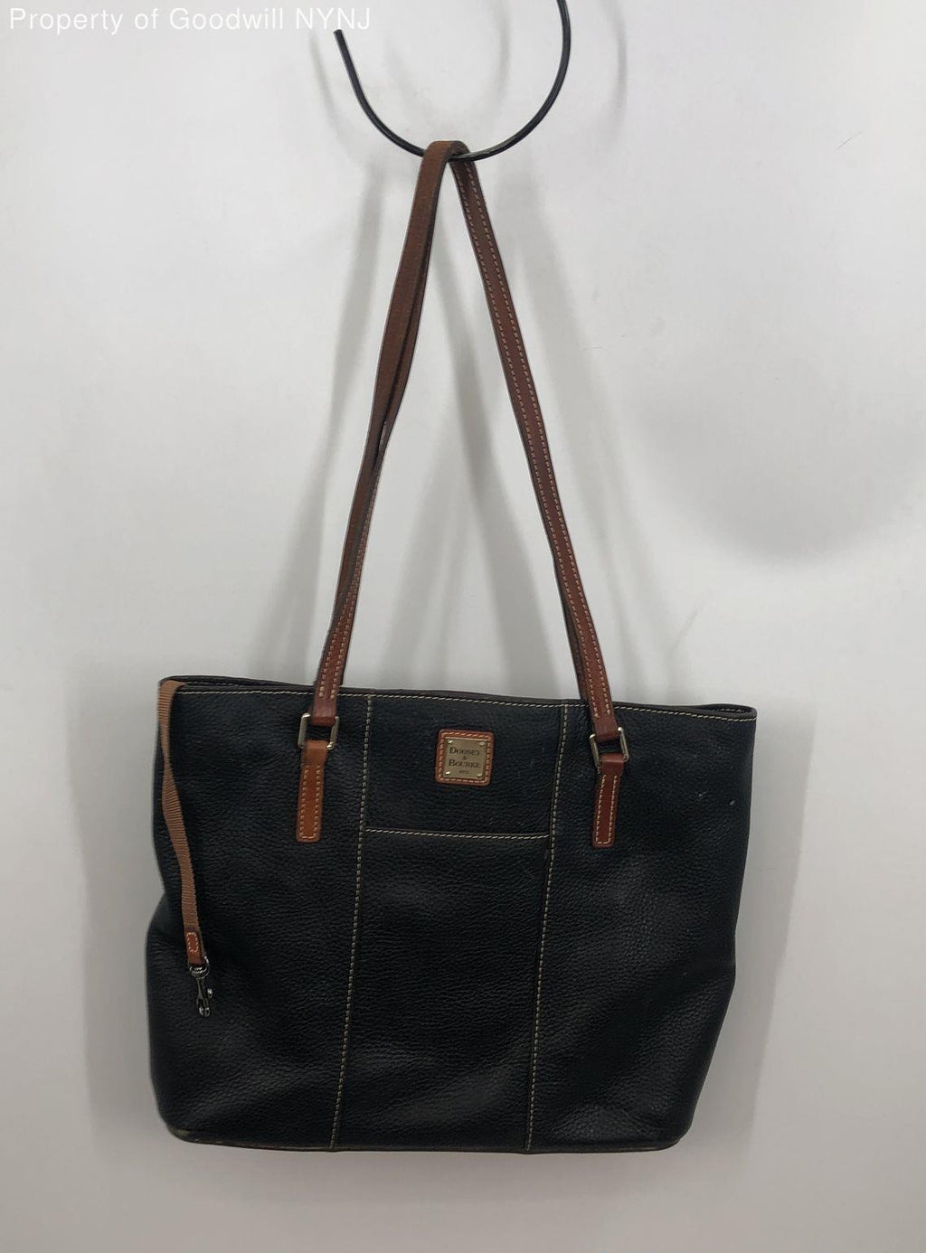 Dooney and Bourke Black Lexington Shopper Tote Bag with Brown Leather Trim | Medium Leather Shoulder Bag