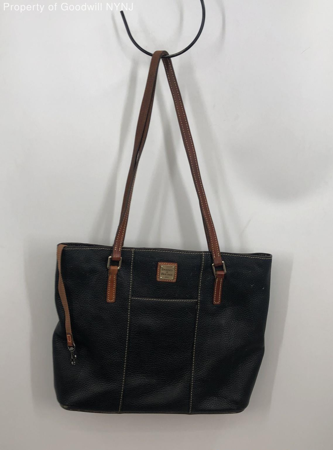 Dooney and Bourke Black Lexington Shopper Tote Bag with Brown Leather Trim | Medium Leather Shoulder Bag