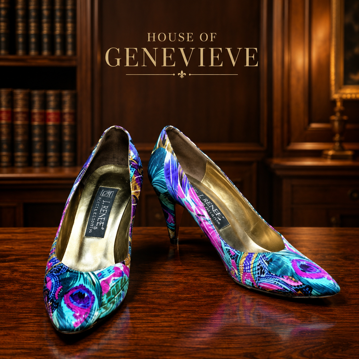 Vintage 90s J. Renee Couture Collection Peacock Print Pointed Toe Pumps Size 7.5
